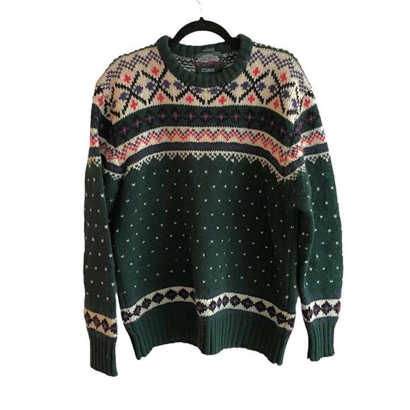 (SOLD) BEAVER CANOE Hand Frame Knit Shetland Wool Sweater Green L - Picture 1 of 5